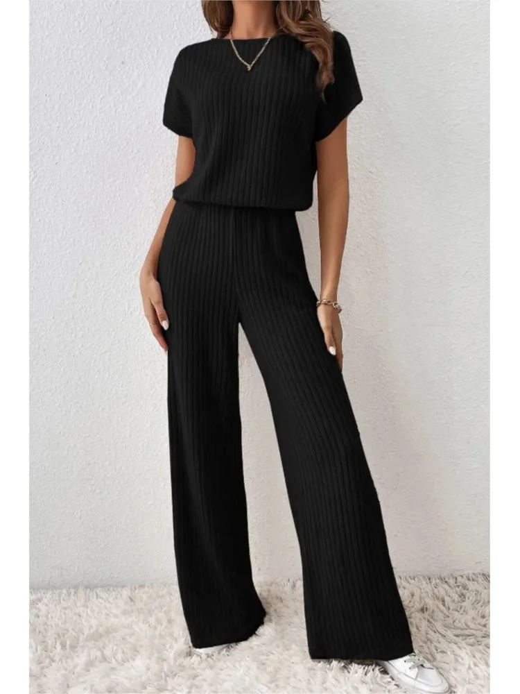 Women\'s Spring Autumn Fashionable Knitted Suit Solid Color Slim Striped One-Shoulder Elegant Short-Sleeved Top Pants 2 piece Set