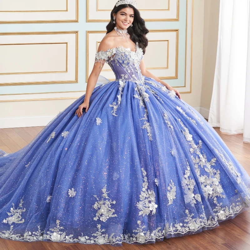 

Blue Shiny Quinceanera Dresses Ball Gown 2024 Off The Shoulder Beaded Sequined Lace Appliques Sweet 16 Dress vestidos de 15 años