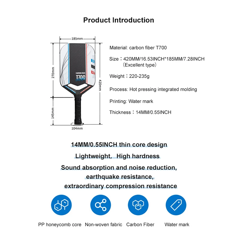 New Arrivals 14MM Thick hollow Design Hot Pressed Integrated PP Honeycomb Core T700 Carbon Fiber Pickleball Paddle