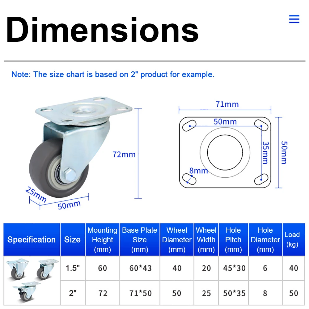 1.5/2 인치 가구 캐스터 플랫폼 트롤리 테이블 의자 소파 가정용 하드웨어 액세서리 용 범용 고무 사일런트 휠