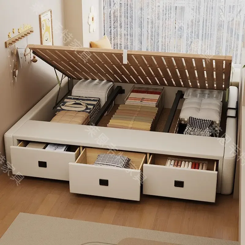 Simple bedside beech storage side open air pressure three pumping bed small apartment bedroom Nordic tatami bed cat scratching