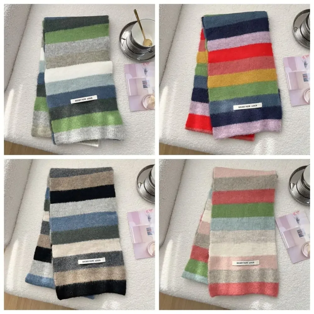 Syal Garis Pelangi Bungkus Hangat Aksesori Pakaian Bordir Huruf Syal Gaya Korea Bandana Pashmina Merek Mewah