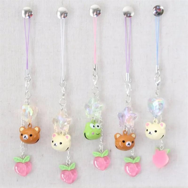 New Kawaii Peach Bell Phone Charm Creativity Keychain Accessories Frog Bear Phone Chain Star  Peach Heart-shaped Phone Pendant