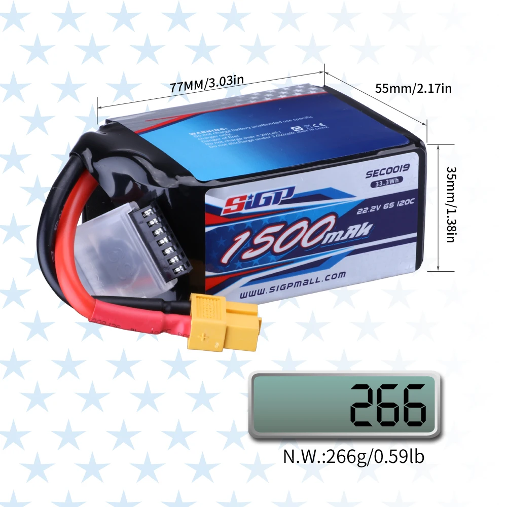 SIGP 6S Lipo Battery 1100mAh 1300mAh 1500mAh 22.2V 120C with XT60 Connector for RC FPV Quadcopter Airplane Helicopter Racing 2pc