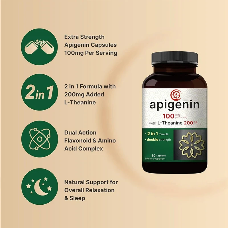 Apigenin 100mg contains L-theanine - super sleep relaxation supplement - antioxidant and amino acid complex