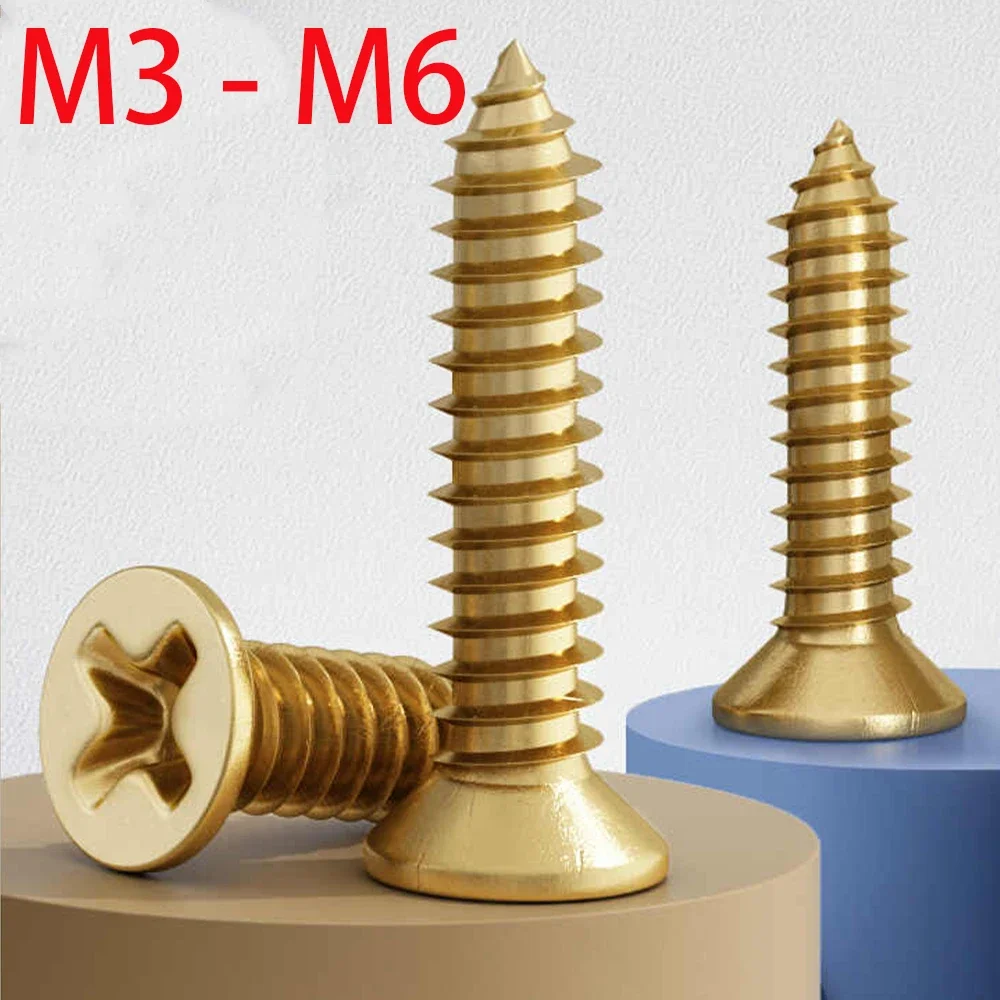 Brass Phillips Countersunk Head Self-Tapping Screw M3 M3.5 M4 M5 M6 Cross Flat Head Wood Screws Bolt Length 6/8/10/12/16-50mm