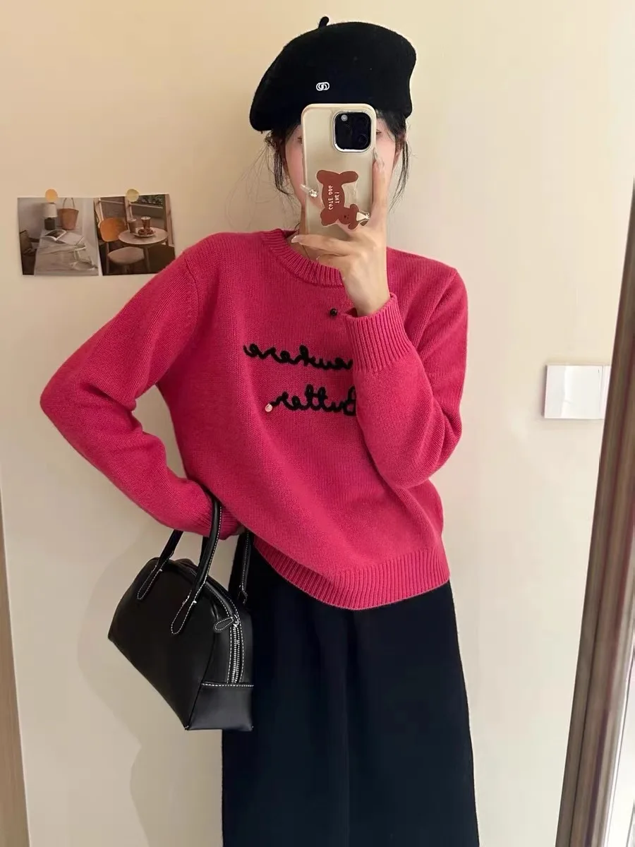 Letter Embroidered Pullover Cute Sweater For Women\'s Autumn Spring 2024 New Age Reducing High Quality Sweet Loose Knit Tops X761