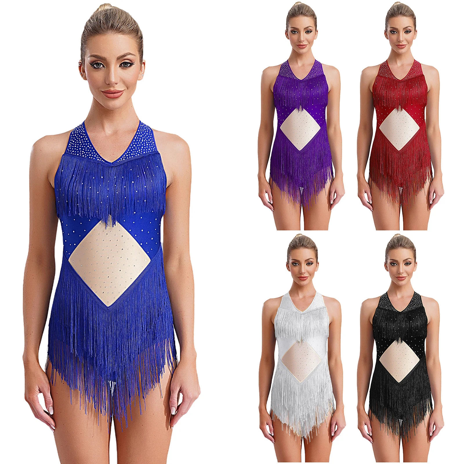Womens Salsa Latin Dance Leotard Performance Costume Halter V-neck Backless Shiny Rhinestones Fringe Training Stage Costume