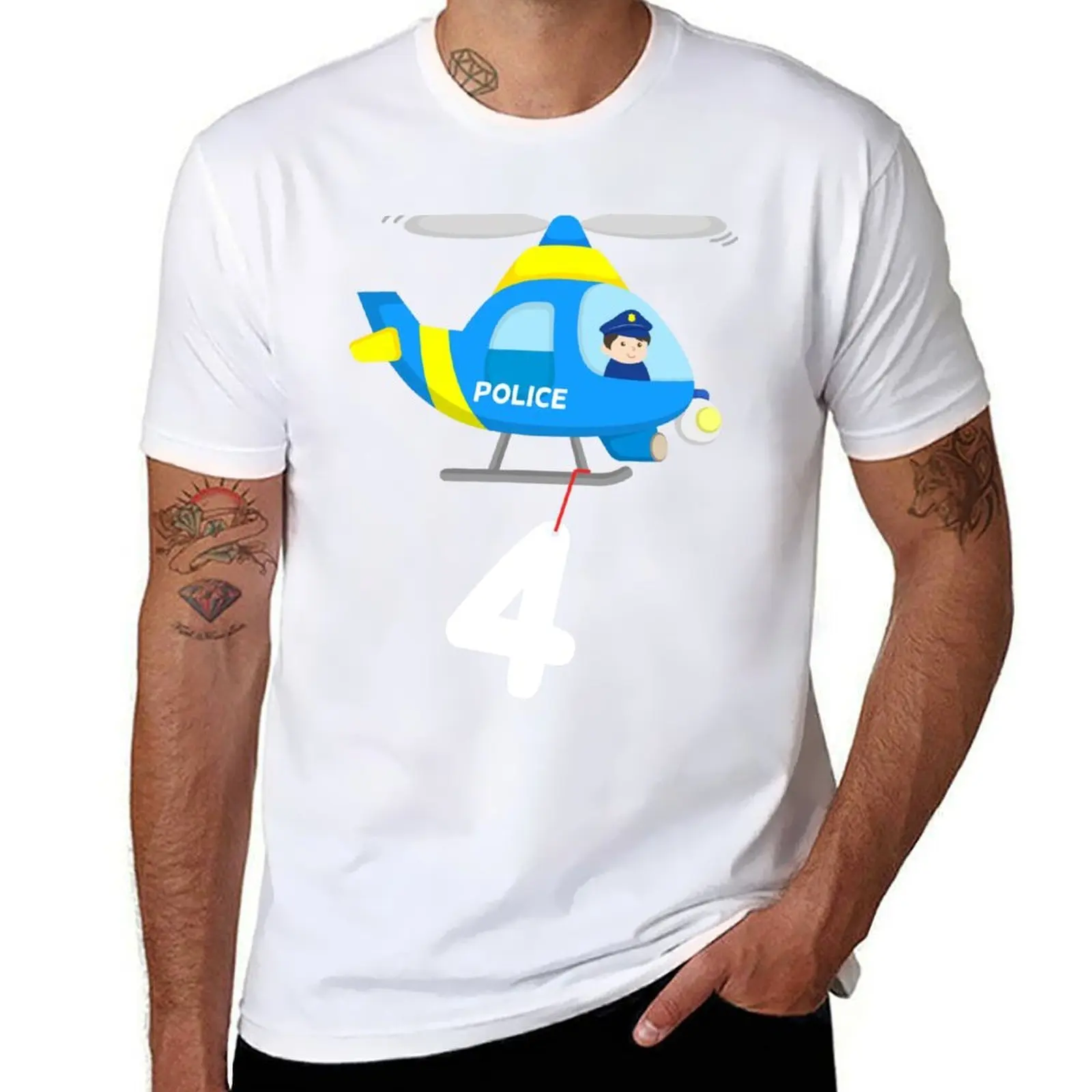 

Police Helicopter with Cop 4th Birthday Design T-Shirt t shirt man cotton t shirts with prints T-Shirt