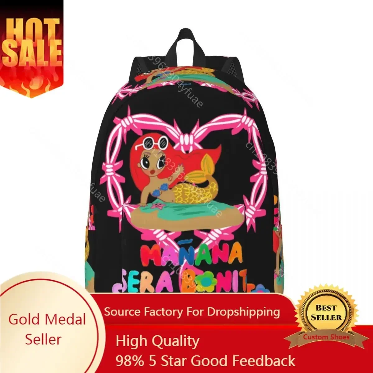 Karol G Sirenita Backpack Girl 2023 Heart Cartoon Print Backpacks Polyester Casual School Bags Cycling Custom Rucksack