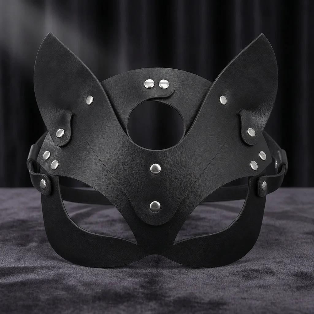 Cat Half Face Mask PU Leather Phantom Opera Style Adults Cosplay Halloween Party Stage Masquerade Costume Accessory