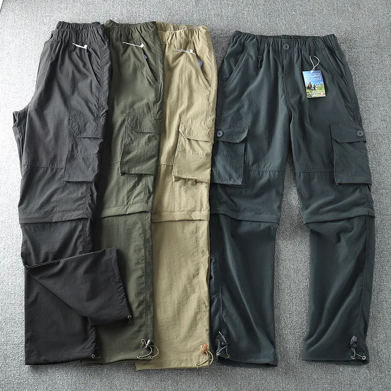 2023 Summer New Men's Cargo Pants Quick-Dry Double-used Pants Elastic Waist Detachable Feet Loose Straight Waterproof Trousers