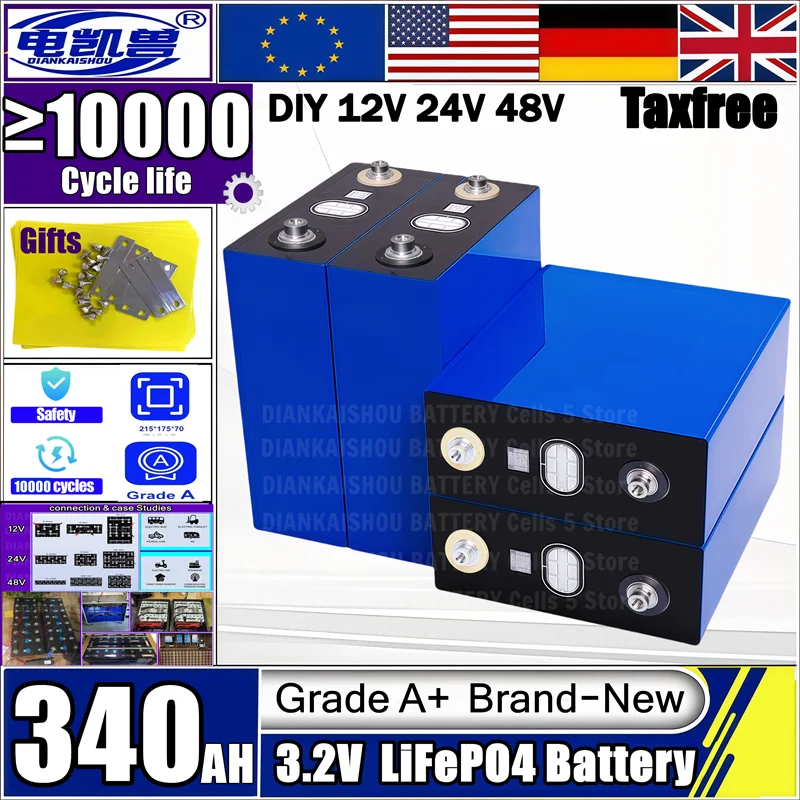 

10000 циклов 3,2 В 320 Ач 340 Ач Lifepo4 Аккумуляторная батарея класса A DIY 12 В 24 В 48 В RV EV Лодка Гольф Солнечная энергия Кемпинг беспошлинный