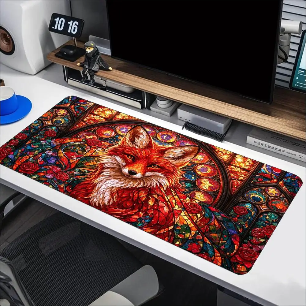 White Cat Stained Glass Gaming Mouse Pad Large Extended Deskmat Non Slip Rubber Base Stitched Edges Keyboard Mat Gamer Desk