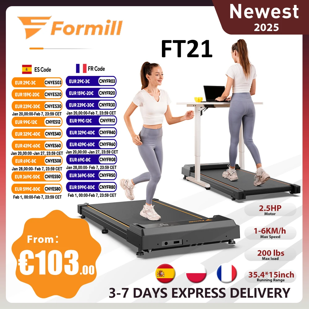 Formill FT21 Flat Walking Treadmill, 2.5HP Motor, 1-6km/h Speed, Anti-Slip Shock Absorption, Mini Treadmill for Home Office