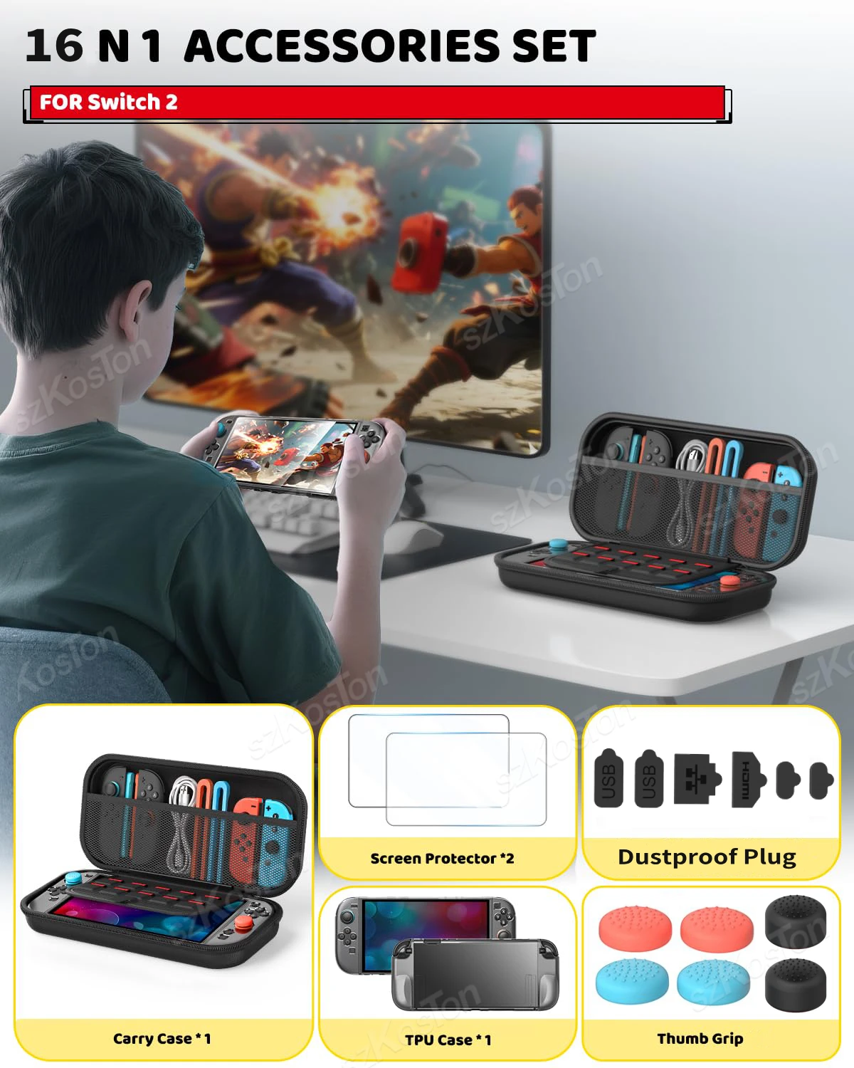 16 in 1 Gaming Accessories Set for Switch 2 Game Consoles Carrying Case+Screen Protector+Thump Grips+Dust Plug+Protective Shell