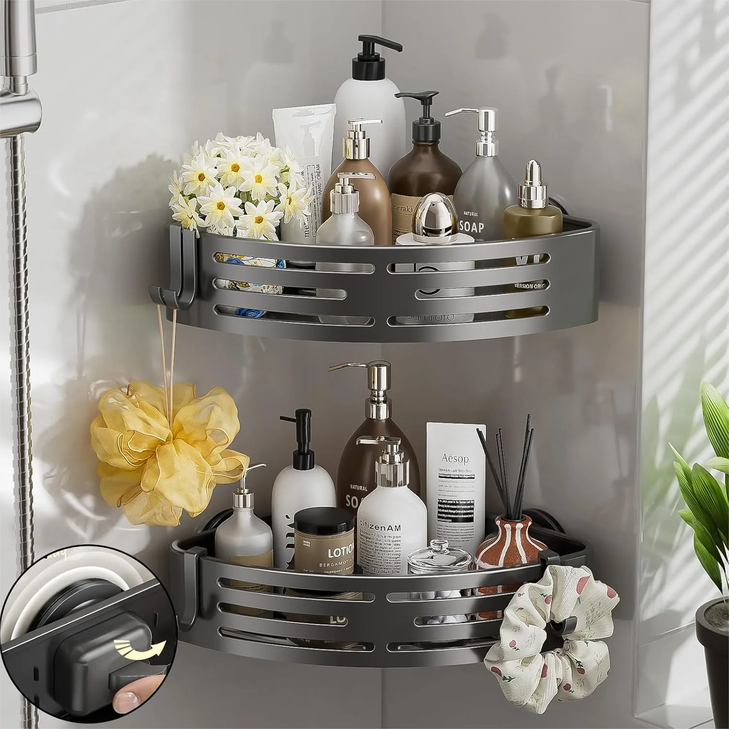 

Corner Shower Caddy Suction Cup with Hooks, No Drilling Powerful Suction Bathroom Organizers and Storage, Removable Rustproof