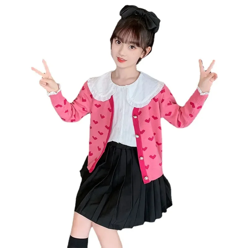 Kid Girls Sweater Cardigan Jackets New Fashion Spring Autumn Teenage Clothing Love Design V-neck Outerwear Tops 8 9 10 11 12 Yrs