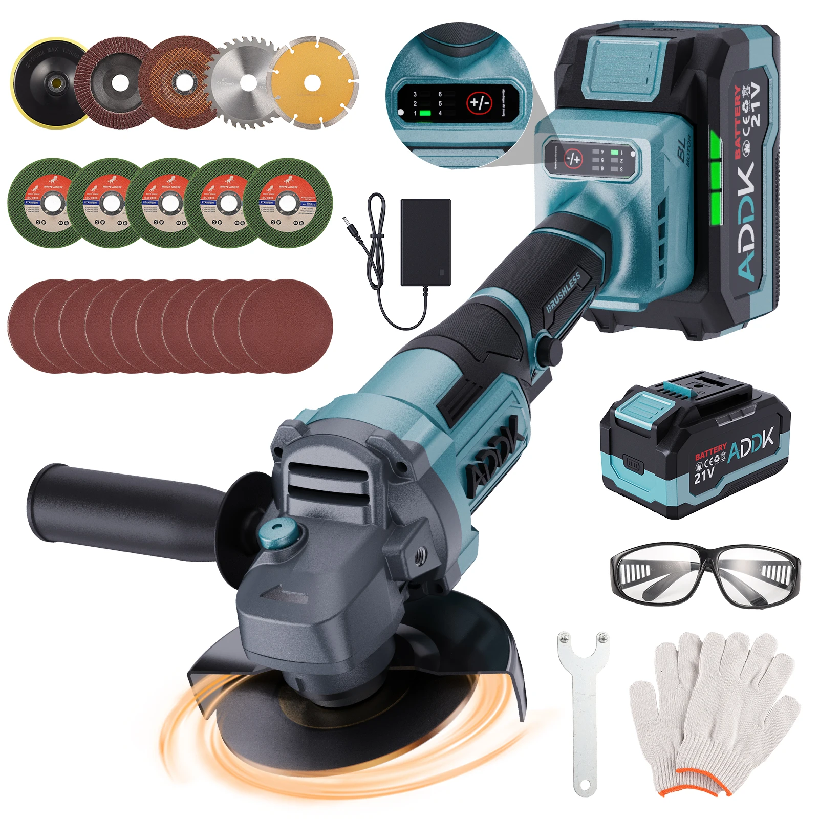 Cordless Angle Grinder, 6 Suction Speed, 9800 RPM Grinding Disc Diameter: 125mm, with 2pcs Batteries, with Accessories Set