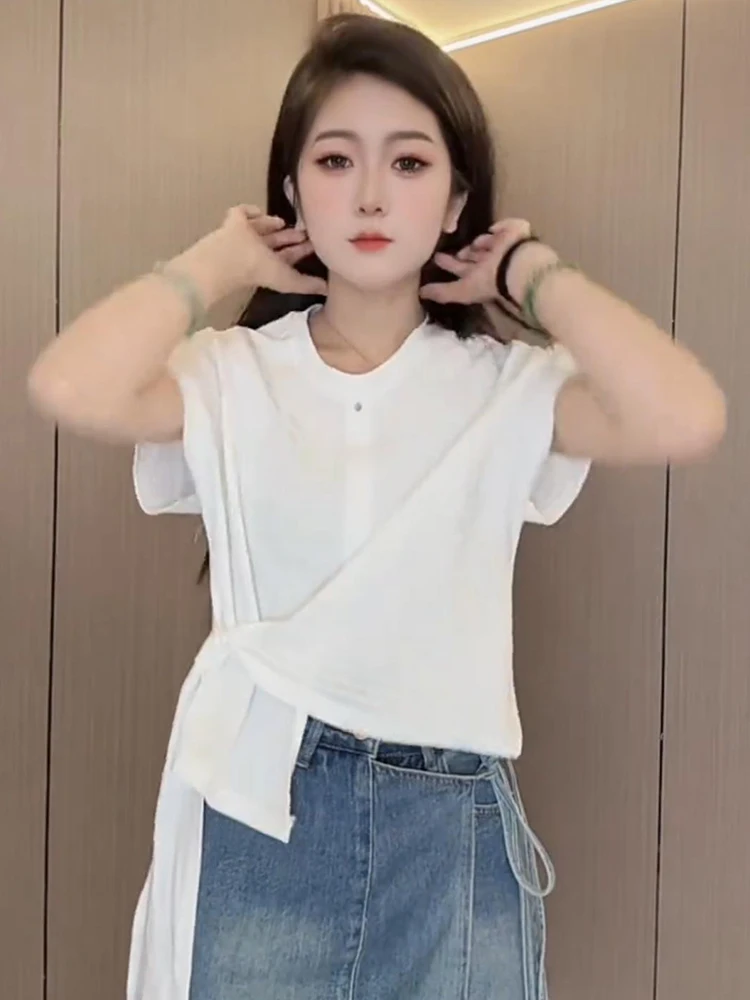 Letnia koszulka damska Sve T-irt Sle 2025 Nowy Trend Koreański Luźny Krój Okrągły Dekolt Casual Top dla Młodych Kobiet 8-24