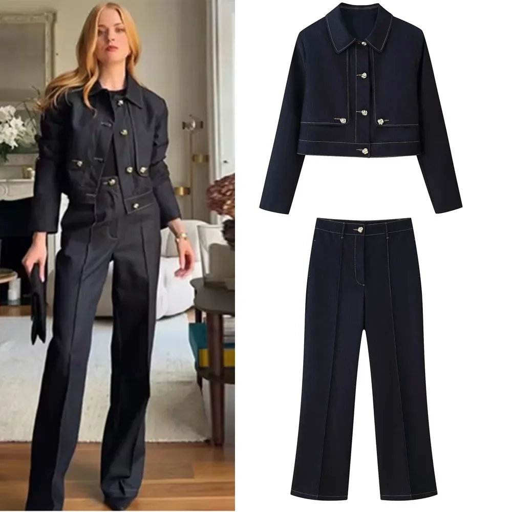 

Винтажный повседневный женский брючный костюм из двух предметов, однобортное пальто с длинными рукавами и карманами, свободные длинные брюки, новые модные осенние комплекты