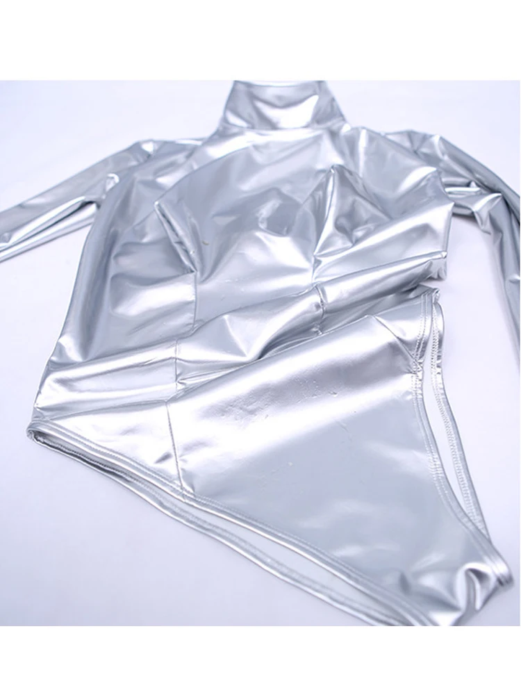 S-5XL Hook Fingers Wet Look PVC Catsuit Shiny PU Leather Patchwork 3D Bust Shaped Bodysuit Tights Body Teddies Leotard Swimsuit