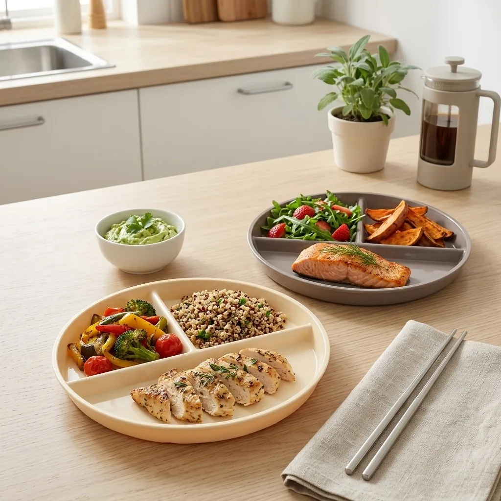 Reusable Plastic Divided Plates for Adults Kids 3 Compartments Portion Control Plate Unbreakable Stackable Kitchen Dinnerware