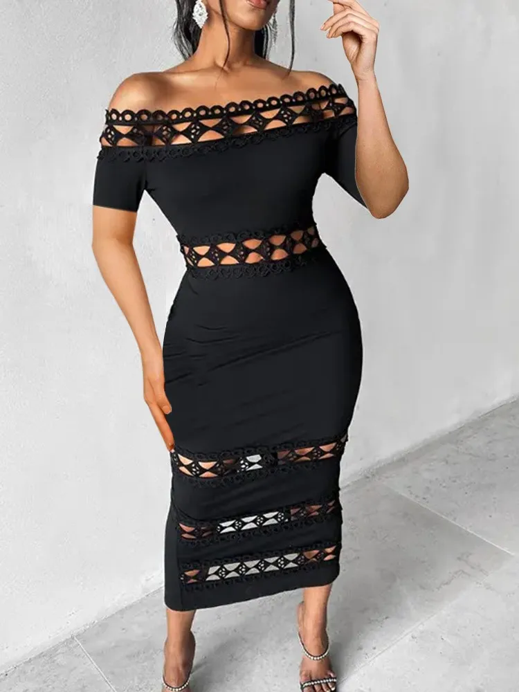 

Women Sexy Dresses Fashion Versatile Casual Off Shoulder Lace Patch short Sleeve Midi Female Dress Summer Spring New Vestidos