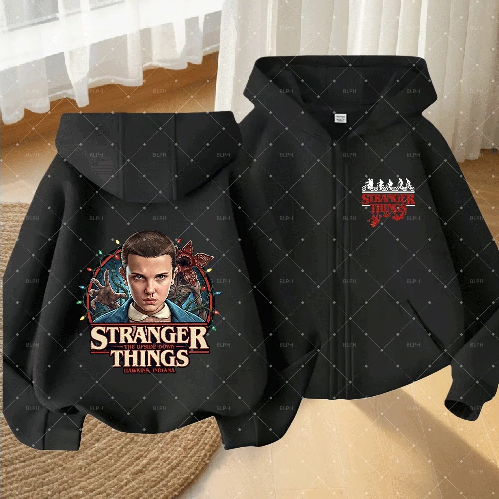 

Stranger Things Kids and Adults Zip-Up Hoodie with Upside Down Design, Perfect for Hawkins Indiana Fans, Stylish and Comfortable