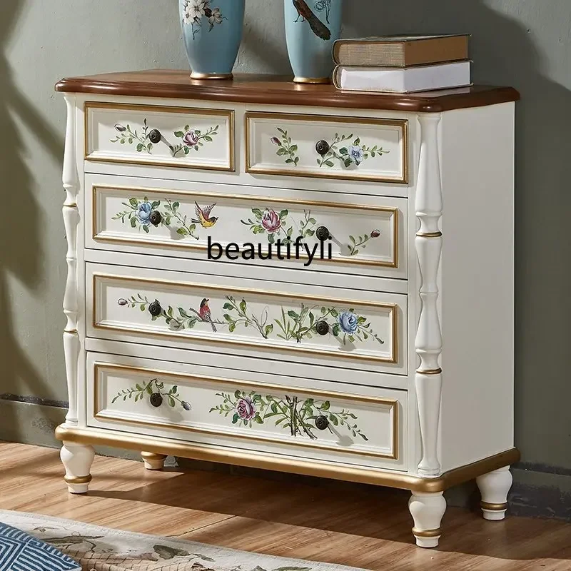 zq Furniture American-Style Chest of Drawers Bedroom Vintage Painted Locker Storage Cabinet Solid Wood Chest of Drawers