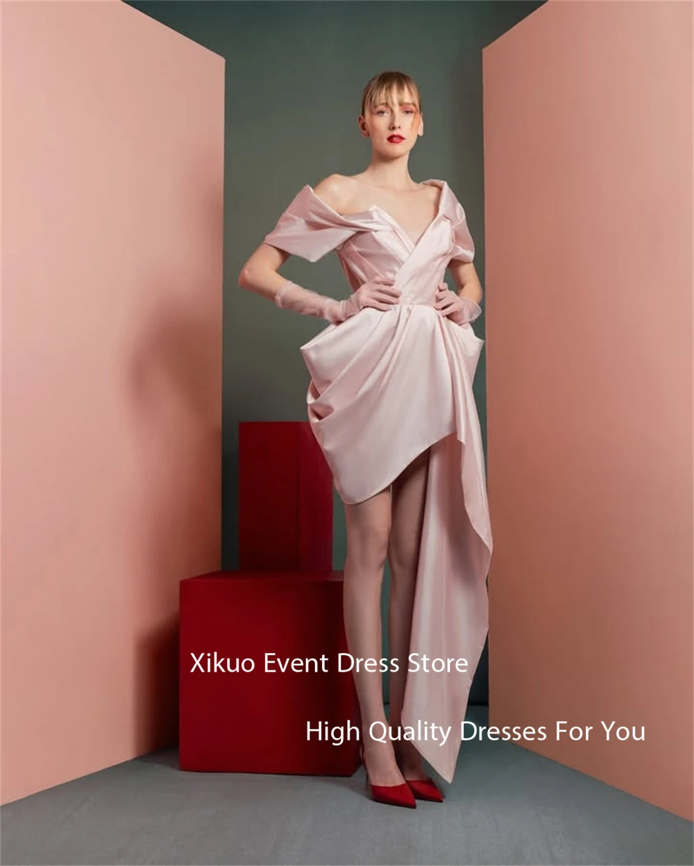 Xikuo gracioso rosa cetim vestido de festa de baile com decote em v sob medida ocasião vestidos de noite acima do joelho cocatail vestidos de noite personalizados