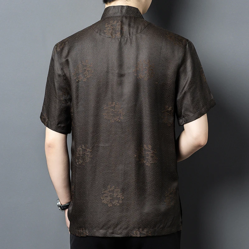 Jacquard Frog Tang Costume Shirts For Men Short Sleeve Loose Fit Summer Quality Silk Viscose Pockets Oversized Camisas De Hombre