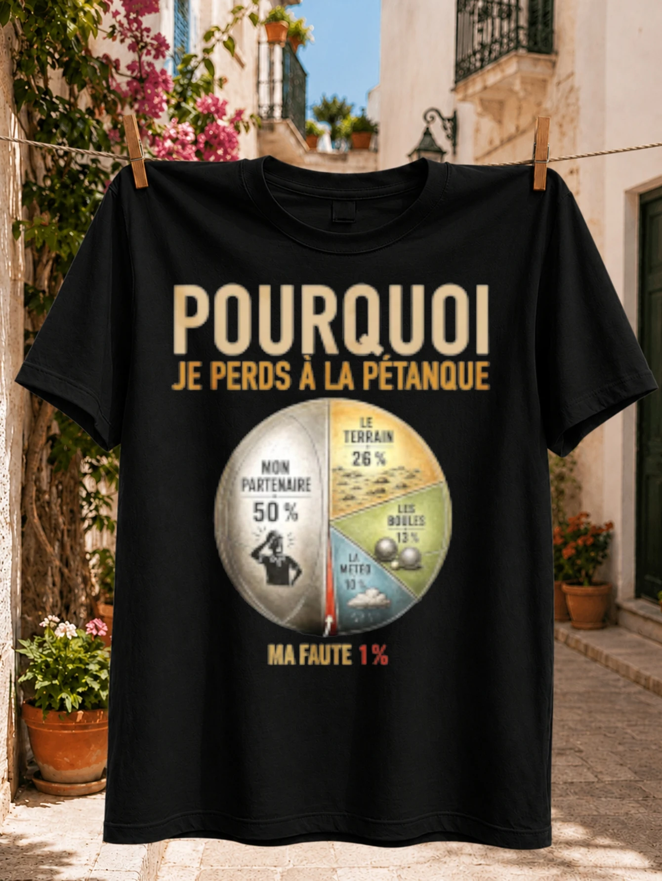 Pourquoi je perds à la pétanque : graphique de pie chart français attribuant la faute aux partenaires, au terrain, aux boules et à la météo avec un t-shirt unisexe.
