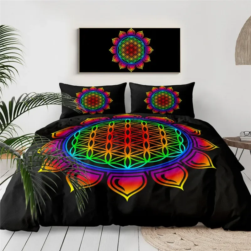 Housse de couette fleur de vie, style bohémien, Mandala, calendrier maya, housse de couette, thème géométrie sacrée abstraite, ensemble de literie, taies d'oreiller