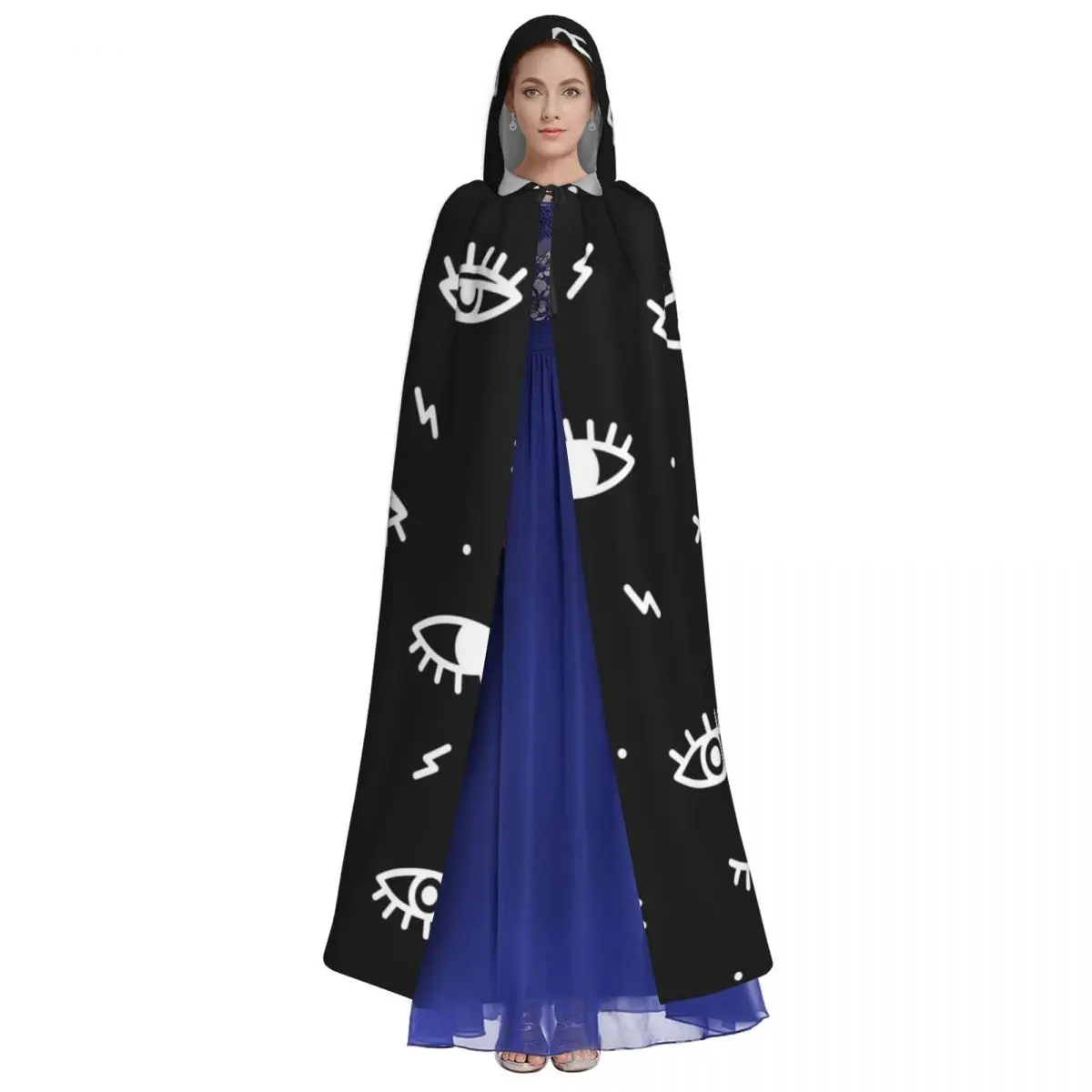 Psychedelic Eyes Black And White Print Hooded Cloak Polyester Unisex Witch Cape Costume Accessory