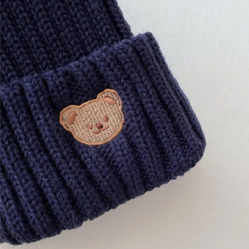 Cartoon Bear Embroidery Baby Beanie Cap Knitted Ribbed Thicken Autumn Winter Warm Baby Hat for 1-6 Years Toddler Kids Bonnet