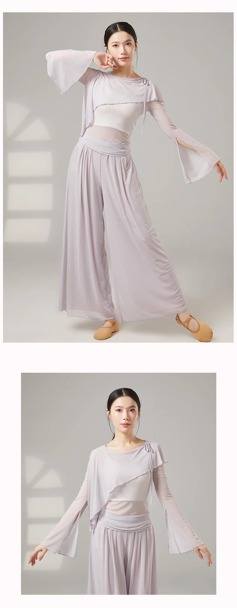 Damen Klassisches Tanz-T-Shirt mit ausgestellten langen Ärmeln, doppellagigem transparentem Netzstoff, für Erwachsene, modernes Tanz-Oberteil, lateinamerikanisches Ballett, elegantes Kostüm – Detail 4