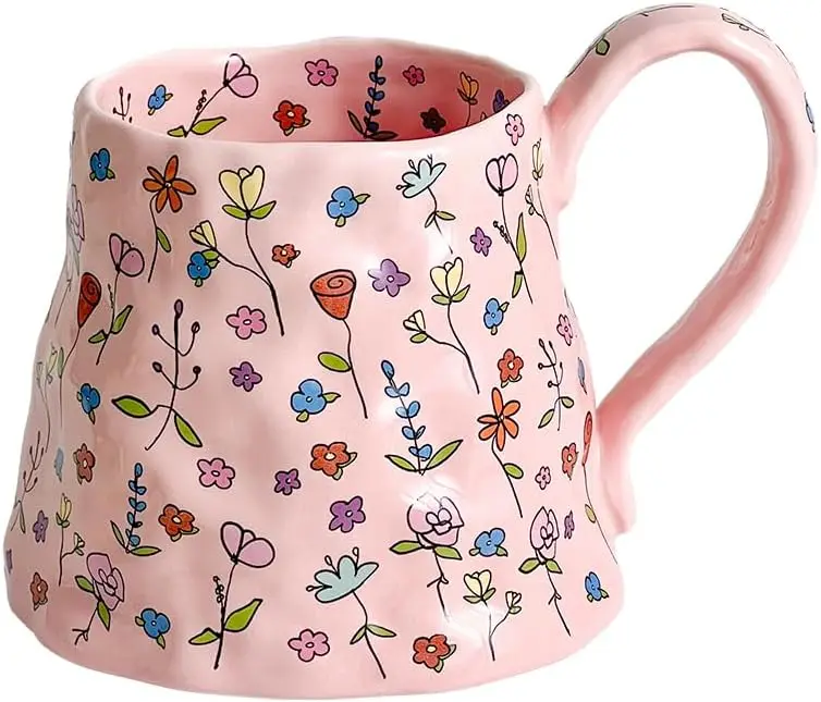 

Ceramic Coffee Mug Cute Handmade Flowers Creative Mugs Design Printed Flowers Cup for Office and 18 oz/500 ml for Latte Tea Mil