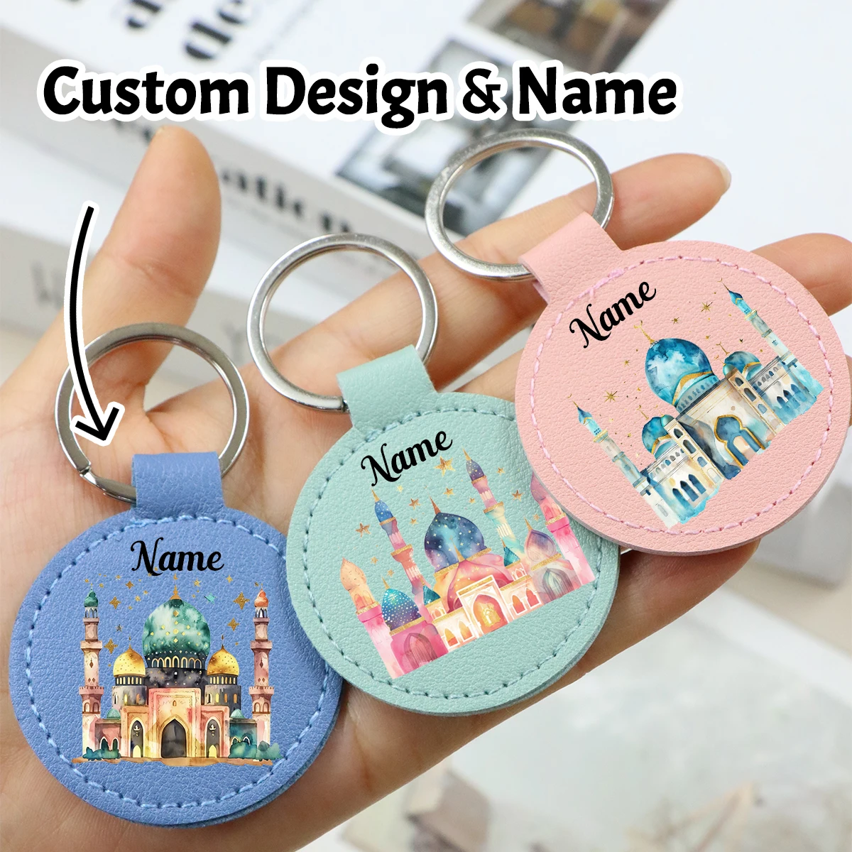 Personalisierter Leder-Schlüsselanhänger mit Ramadan-Mustern, Individueller Ramadan-Schlüsselanhänger, Anpassbarer Namens-Taschenanhänger, Passende Schlüsselanhänger