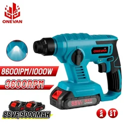 ONEVAN 1000W Cordless Electric Rotary Hammer 3600rpm Rechargeable 8600ipm Electric Hammer Drill For Makita 18V Battery