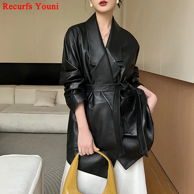 Genuine Leather Jacket for Women Korean White Clothing Female Chic Tailored Collar Belt Coat Mujer Oversize New In Outerwears