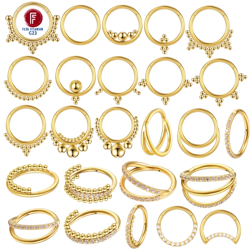 F136 Titanium Piercing 16G Septum Cartilage Tragus Gold color Nose Rings Zircon Earring Clicker Hinged Seamles Body Jewelry Gift