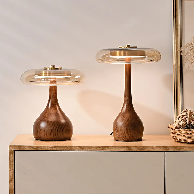 12W Lamp Luxury Copper Desktop LED Designer Wood Glass Desk Lamp For Bedroom Bedside Home Decorative Mushroom Night Table Light