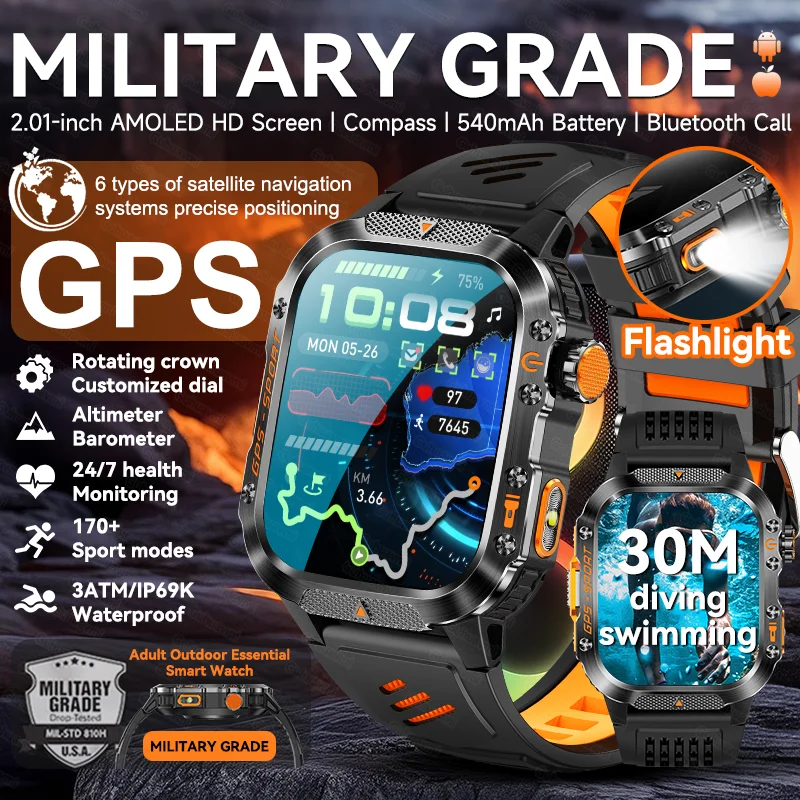 

New Military Men Built in GPS Smart Watch Compass Altimeter 3ATM Waterproof Bluetooth Call Heart Rate Sports Fitness Smartwatch