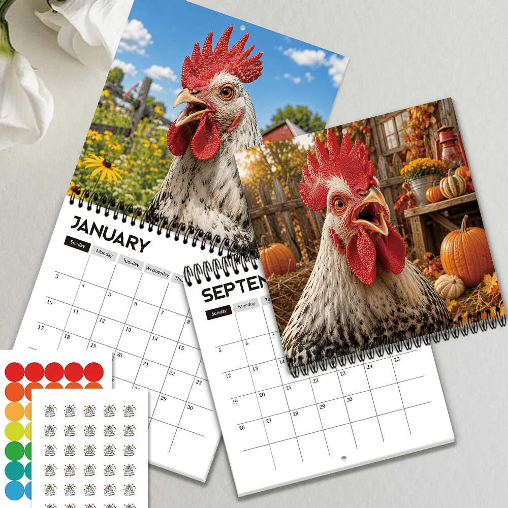 1pc 2027 Farm Hen Pastoral Wall Calendar,12‑Month Planner,Gift For Back‑to‑School,Christmas,New Year,Free Stickers Included