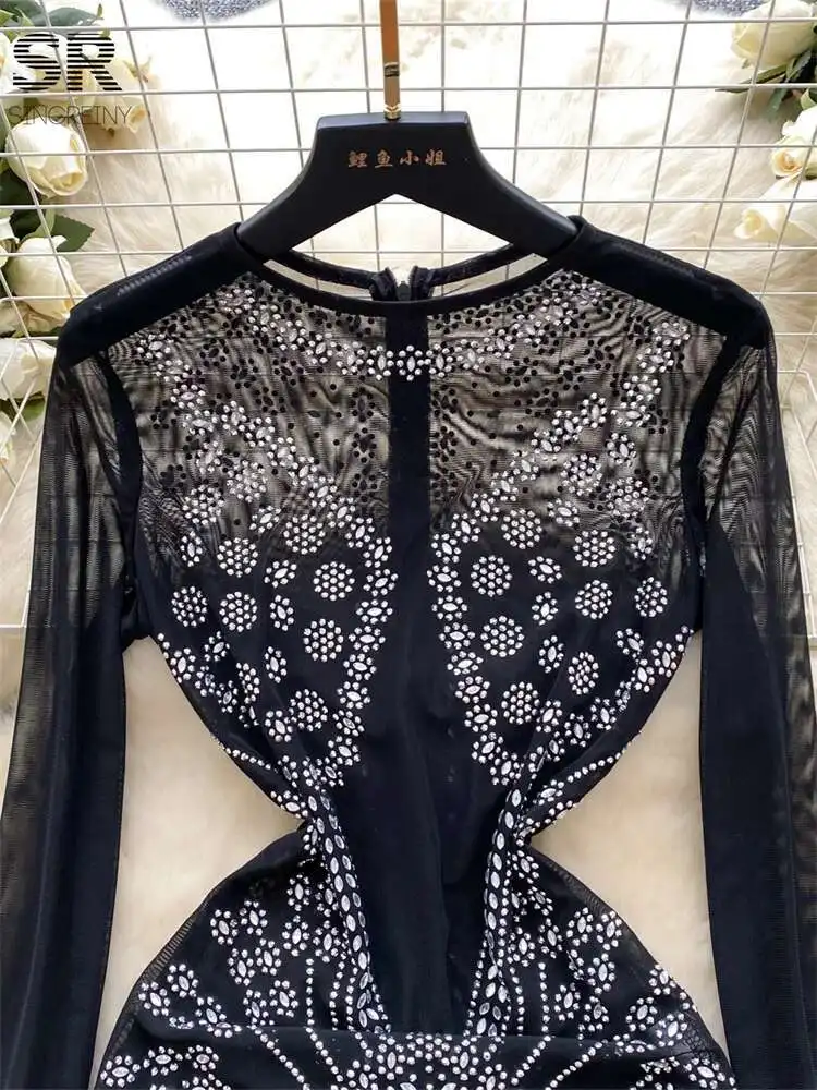 BabYoung Perlen Quaste Frauen Langarm O Hals Mode Mesh Elastische Reißverschluss Design 2024 Sheer Senior Party Kleider