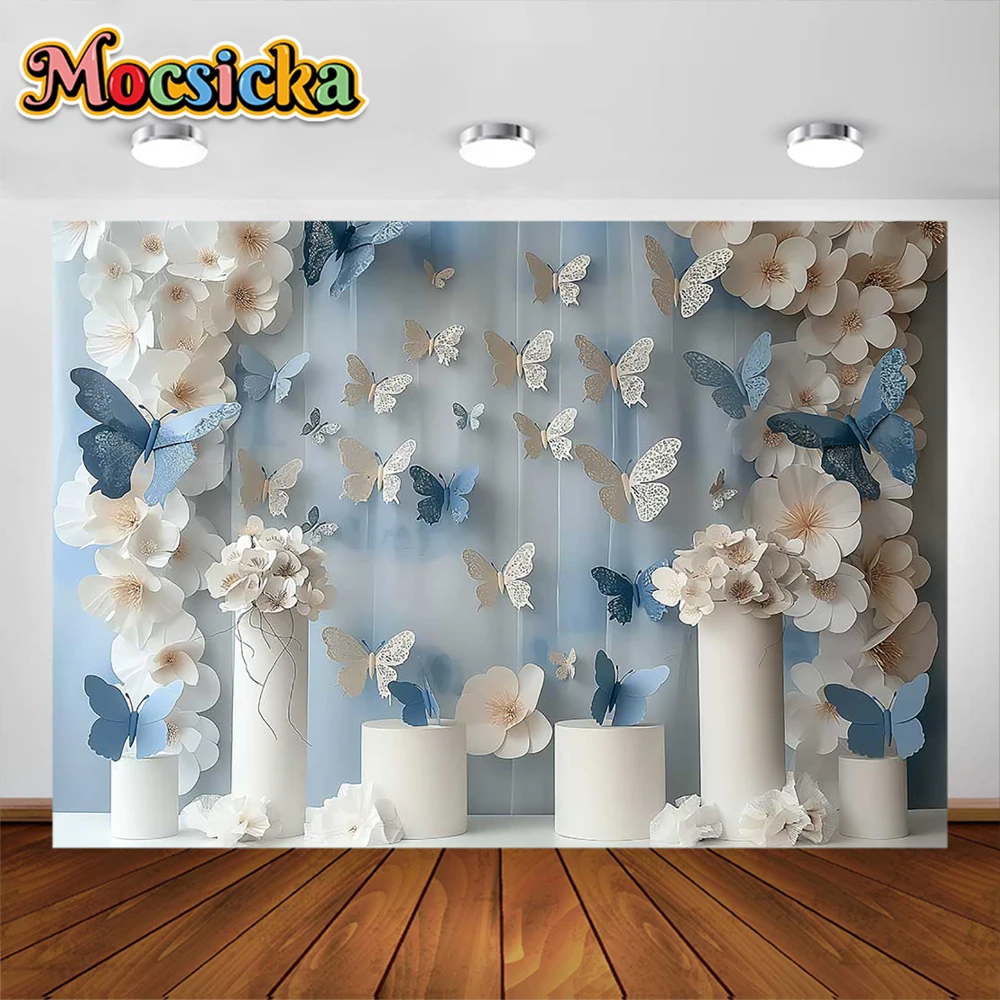 웨딩 사진 배경 화려한 꽃 나비 파티 장식, 소년 소녀 신생아 파티 배경, 스튜디오 소품