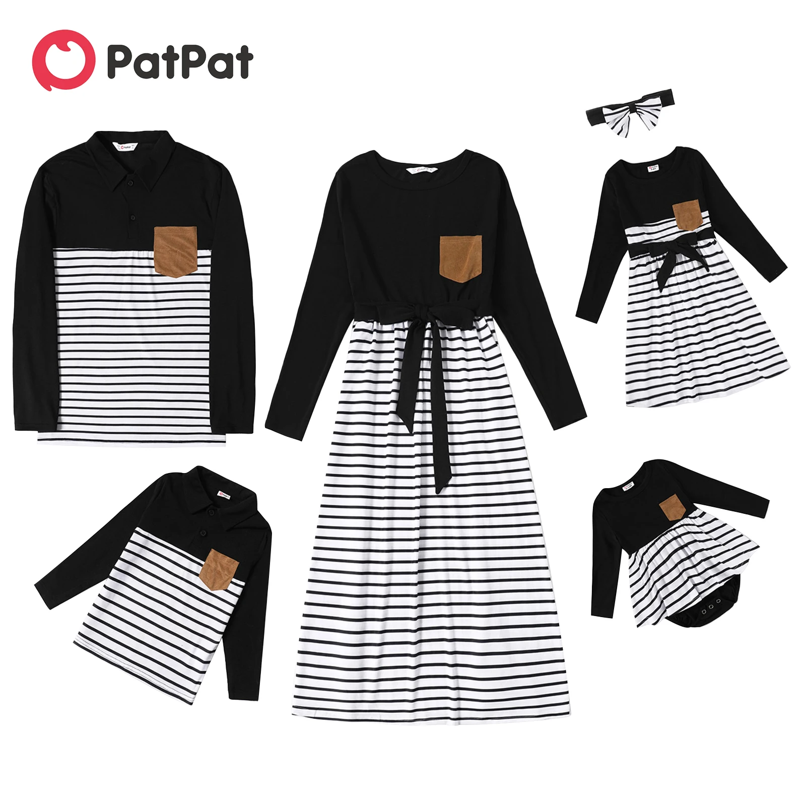 PatPat Family Matching Outfits Striped Long-sleeve Splicing Belted Dresses and Shirts Sets for Mom and Me Family Look Couples