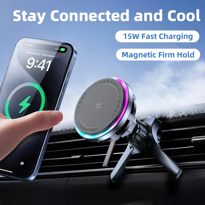 Vyvylabs 15W Wireless Charger Cooling Magnetic Car Phone Holder Vent Fast Charging Holder for Magsafe iPhone 17 16 15 14 13 12