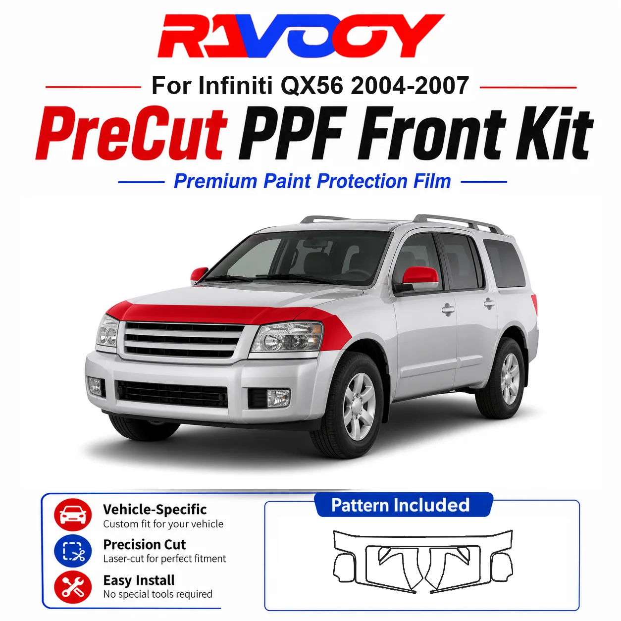 

8.5mil TPU Precut PPF Kit For Infiniti QX56 2004-2007 - Hood, Fenders & Mirror Set - Self-Healing Clear Bra Film